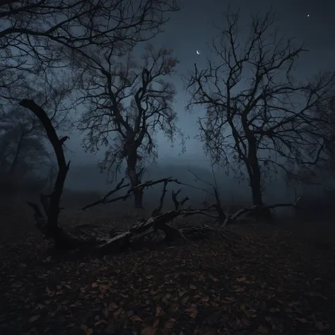 Magnificent view，Autumn Night Moonlight Forest Edge Landscape Photography Professional high quality nature digital photography，Two crows on a dead tree, Starry night, Thick fog on the ground,Spring bushes in the moonlight at night，precipice，Eau，foggy sky，N...