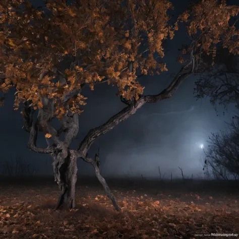 Magnificent view，Autumn Night Moonlight Forest Edge Landscape Photography Professional high quality nature digital photography，Two crows on a dead tree, Starry night, Thick fog on the ground,Spring bushes in the moonlight at night，precipice，Eau，foggy sky，N...