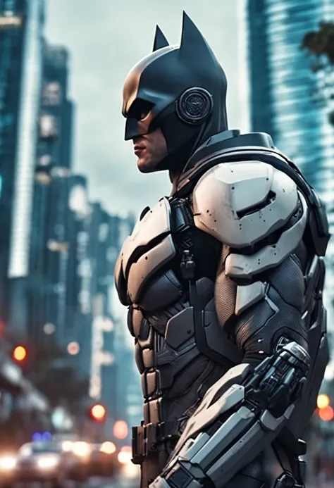 The Batman in the futuristic white mechanical uniform in the city