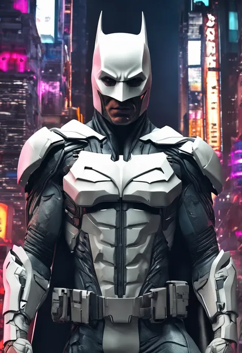 The Batman in the futuristic white mechanical uniform in the city