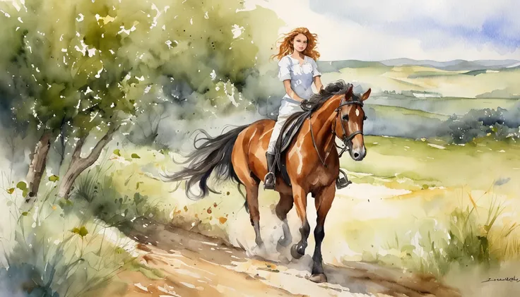 Photorealism, One Girl Riding Horse, Pretty Girl With Green Eyes, Terrible Curly, Naturally Curly, Golden Hair, Freckles, Housemaid Style, Smile