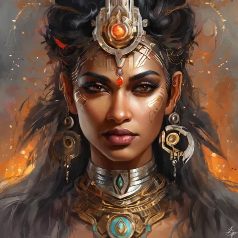 futuristic indigenous futurism,actress priyanka chopra as An advanced cybernetic cyborg indian Hindu goddesses of war, sensuality,artistic details,cyberpunk hindu mythology,epic sci-fi fantasy, centered,in the style of Nick Alm fantastical futuristic fanta...