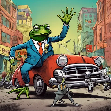 A high-quality illustration with a frog-looking politician and a ant-lokking policeman, striking and realistic expression.