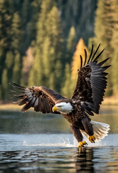 American Bald Eagle diving towards prey, with a fierce expression on its brown-feathered face, its talons skimming the water surface of a lake with a rainbow trout leaping out of the water just in front of the eagle. The background of the image is a forest...