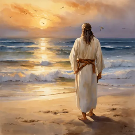 Jesus Christ standing on the beach, olhando para o horizonte do mar. He wears a white tunic with a golden band at the waist. His face has an expression of peace and wisdom. The wind swings her long light brown hair. At his side is one of his disciples, olh...