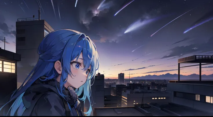 faraway view、1girl, hoshigai suisei、​masterpiece、top-quality、sniper rifles、shooting stars、nigh sky、on the roof of a building、