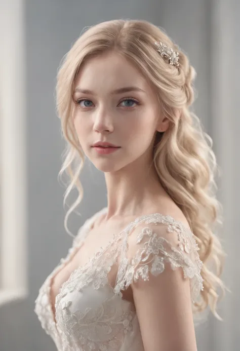 1 beautiful girl, full body, standing photo, white wedding dress, soft dress, blond hair, blue eyes, wavy hair, masterpiece, diffuse soft film lighting, portrait, best quality (perfect face:1.4), ultra-realistic highly detailed intricate realistic simulati...