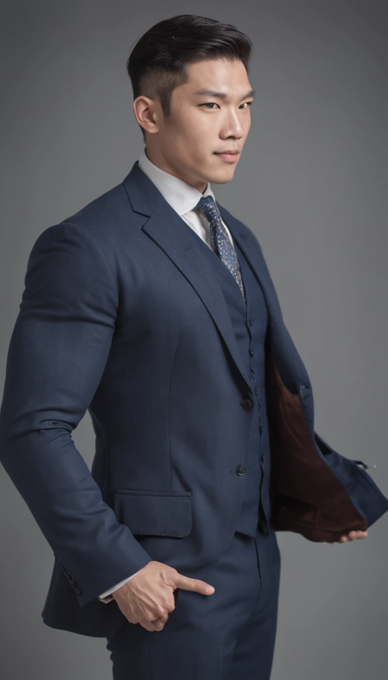 Asia man gymer wearing  navy suit , big muscle, height 190 cm, big shoulder, big muscle foot, (draww eye detail), (realestic)