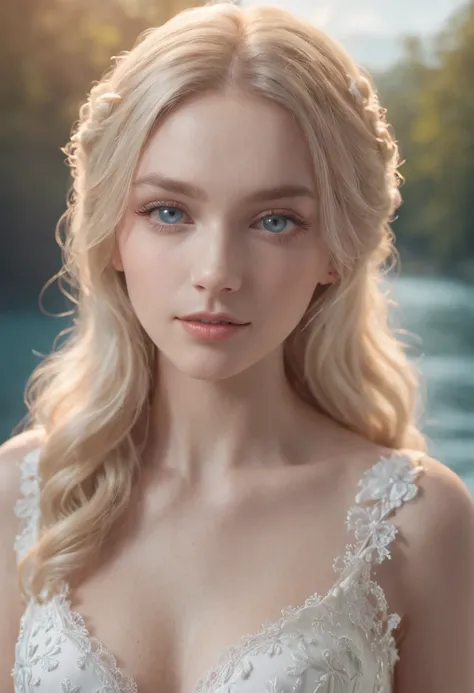 1 beautiful girl, (Realistic:1.3) full body, standing photo, stand in front a blue lake, white wedding dress, soft dress, blond hair, blue eyes, wavy hair, masterpiece, diffuse soft film lighting, portrait, best quality (perfect face:1.4), ultra-realistic ...