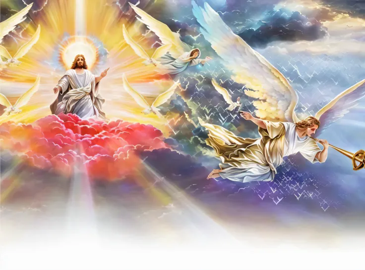 there are two angels that are flying in the sky, bible illustration, arte conceitual de deus, epic biblical representation, arrebatamento celestial, Heaven and Hell, reino divino dos deuses, imagens religiosas, Segunda vinda, jesus christ fighting lucifer,...