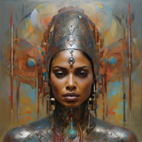 futuristic indigenous futurism,actress priyanka chopra as An advanced cybernetic cyborg indian Hindu goddesses of war, sensuality,artistic details,cyberpunk hindu mythology,epic sci-fi fantasy, centered,in the style of Nick Alm fantastical futuristic fanta...