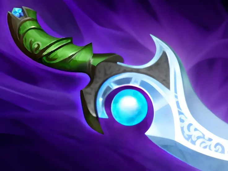 Dagger close-up，The silver dagger has a metal pattern，There is a light blue gemstone on the dagger，Blue-purple background，Green grip，Blue-purple fog