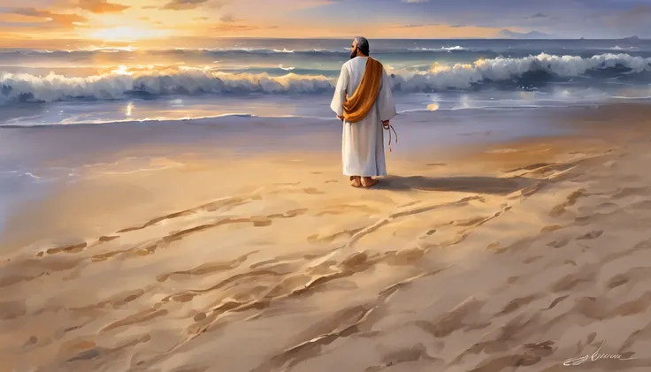 Jesus Christ standing on the beach, olhando para o horizonte do mar. He wears a white tunic with a golden band at the waist. His face has an expression of peace and wisdom. The wind swings her long light brown hair. At his side is one of his disciples, olh...