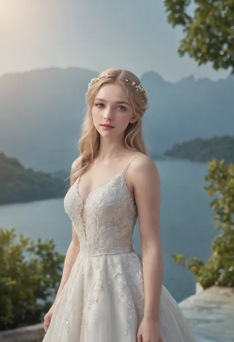 1 beautiful girl, (Realistic:1.3) full body, standing photo, stand in front a blue lake, white wedding dress, soft dress, blond hair, blue eyes, wavy hair, masterpiece, diffuse soft lighting, portrait, best quality (perfect face:1.4), ultra-realistic highl...