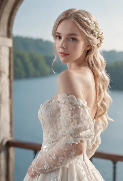 1 beautiful girl, (Realistic:1.3) full body, standing photo, stand in front a blue lake, white wedding dress, soft dress, blond hair, blue eyes, wavy hair, masterpiece, diffuse soft lighting, portrait, best quality (perfect face:1.4), ultra-realistic highl...