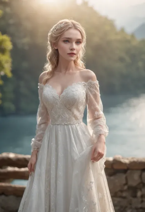 1 beautiful girl, (Realistic:1.3) full body, standing photo, stand in front a blue lake, white wedding dress, soft dress, blond hair, blue eyes, wavy hair, masterpiece, diffuse soft lighting, portrait, best quality (perfect face:1.4), ultra-realistic highl...