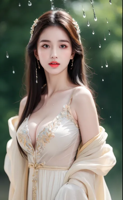 ((Best Quality, 8k, Masterpiece: 1.3)), Focus: 1.2, Perfect Body Beauty: 1.4, Buttocks: 1.2, ((Layered Haircut)), (Wet Clothes: 1.1), (Rain, Street:1.3), (Breasts: 1.2), (Hanfu: 1.2), Bare Shoulders, Bare Legs, Highly Detailed Face and Skin Texture, Fine E...