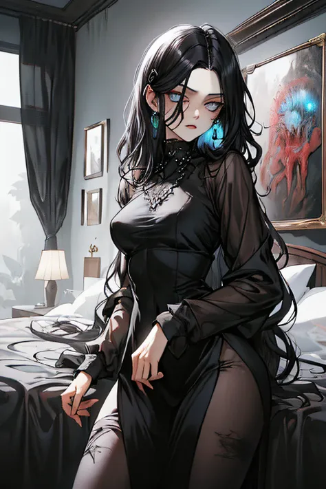 (masterpiece, best quality), 1lady, solo, (gothic), dream catcher, vampire, short black hair, loose waves, blue eyes, ,cute, (hg...