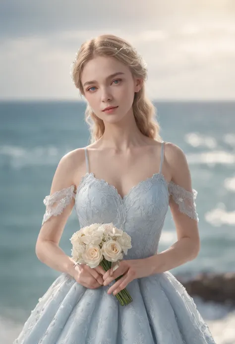 1 beautiful girl, (Realistic:1.3) full body, standing photo, stand in front blue sea, white wedding dress, soft dress, blond hair, blue eyes, wavy hair, masterpiece, diffuse soft lighting, portrait, best quality (perfect face:1.4), ultra-realistic highly d...