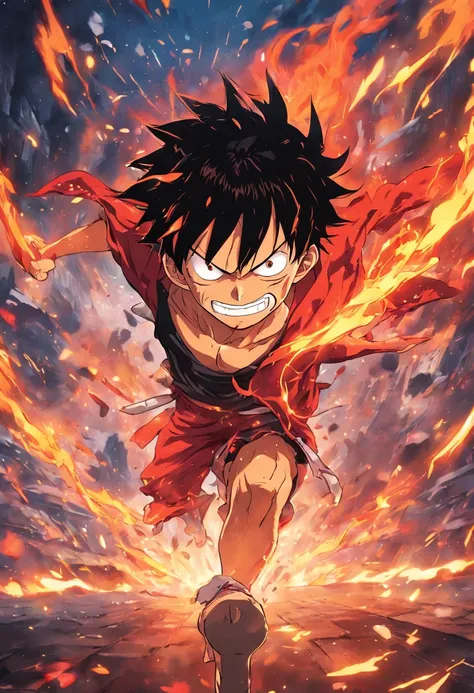 Design a gripping poster featuring Luffy from "One Piece" in a fit of rage. Capture the essence of his burning determination and unyielding spirit as he unleashes his wrath upon his enemies. Keep it short, bold, and intense to convey the raw power of Luffy...