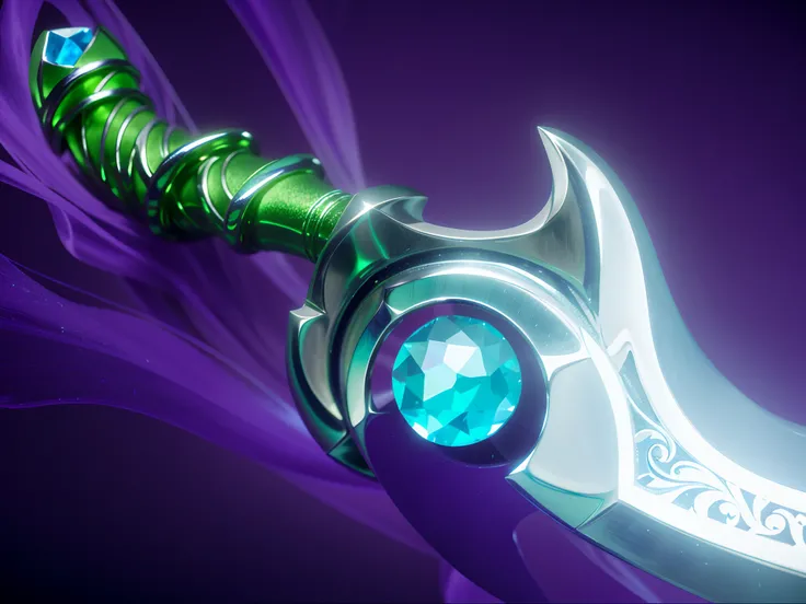 Dagger close-up，The silver dagger has a metal pattern，There is a light blue gemstone on the dagger，Blue-purple background，Green grip，Blue-violet fog