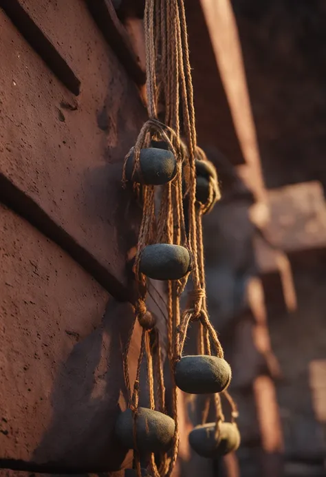 At the top of the pyramid there is a fixed pulley connecting the rope to the ground, and the rope is tied to the stone