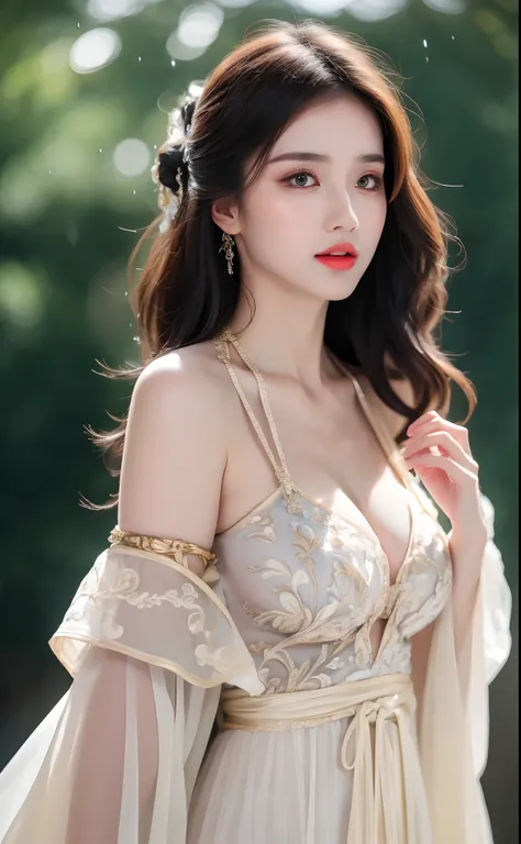 ((Best Quality, 8k, Masterpiece: 1.3)), Focus: 1.2, Perfect Body Beauty: 1.4, Buttocks: 1.2, ((Layered Haircut)), (Wet Clothes: 1.1), (Rain, Street:1.3), (Breasts: 1.2), (Hanfu: 1.2), Bare Shoulders, Bare Legs, Highly Detailed Face and Skin Texture, Fine E...