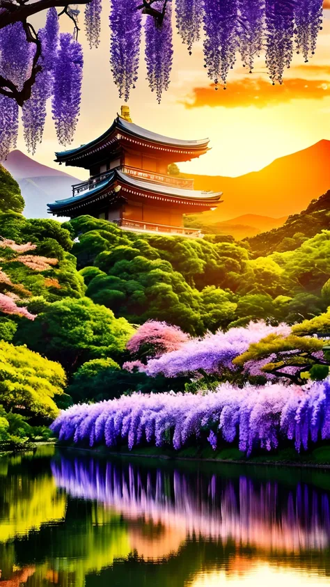 mdjrny-pprct, japanese architecture, Sakura, wisteria, Flower Garden, mountains and rivers, Clouds (high detial: 1.2)、the setting sun、Evening glow、morning glow