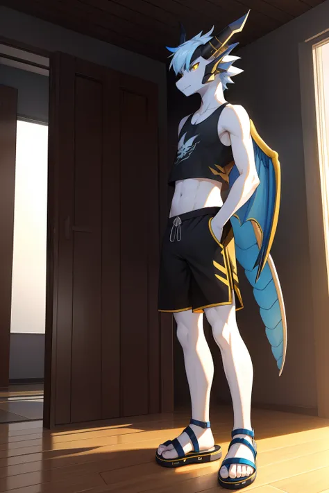 robo dragon，deep blacks，White belly，Blue back，White wings，yellow tanktop，Black  shorts，sandals，Standing on the wooden floor of the apartment。