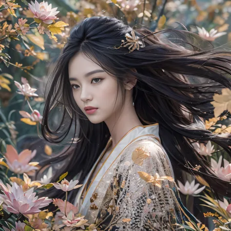 32K（tmasterpiece，k hd，hyper HD，32K）Long flowing black hair，ponds，zydink， a color，  Xuzhou people （Silly girl）， （Silk scarf）， Combat posture， looking at the ground， long whitr hair， Floating hair， Carp pattern headdress， Chinese long-sleeved clothing， （abst...