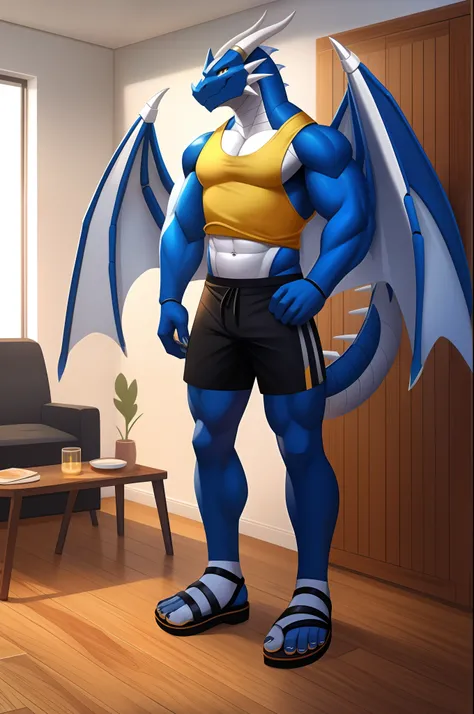 robo dragon，deep blacks，White belly，Blue back，White wings，yellow tanktop，Black  shorts，sandals，Standing on the wooden floor of the apartment。