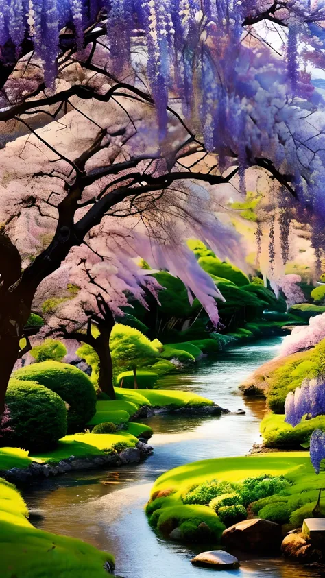 mdjrny-pprct, japanese architecture, Sakura, wisteria, Flower Garden, mountains and rivers, Clouds (high detial: 1.2)、the setting sun、Evening glow、morning glow