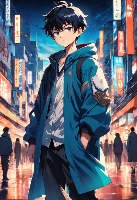 A boy, transformed into an anime style, with exaggerated unique facial features and clothing, standing on a bustling city street, backlit background highlighting the subject, high-contrast colors, 4K high-definition quality，young, smiling, handsome