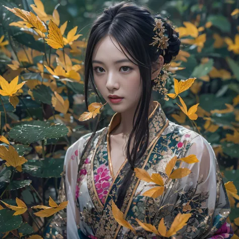 32K（tmasterpiece，k hd，hyper HD，32K）Long flowing black hair，ponds，zydink， a color，  Asian people （Silly girl）， （Silk scarf）， Combat posture， looking at the ground， long whitr hair， Floating hair， Carp pattern headdress， Chinese bright purple long-sleeved ou...