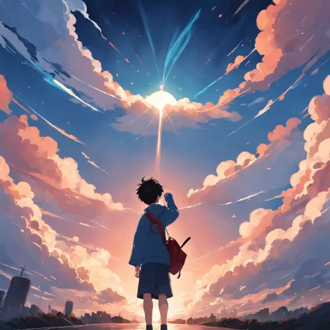 a poster，Above is a student standing with a megaphone, cover illustration, Simple and clean illustration,tmasterpiece，best qualtiy，cinematic Film still from，1boy，closeup cleavage，brightly，cheerfulness，Warm and soft sky，in the early morning