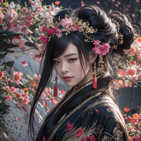 32K（tmasterpiece，k hd，hyper HD，32K）Long flowing black hair，ponds，zydink， a color，  Asian people （Silly girl）， （Silk scarf）， Combat posture， looking at the ground， long whitr hair， Floating hair， Carp pattern headdress， Chinese long-sleeved clothing， （abstr...