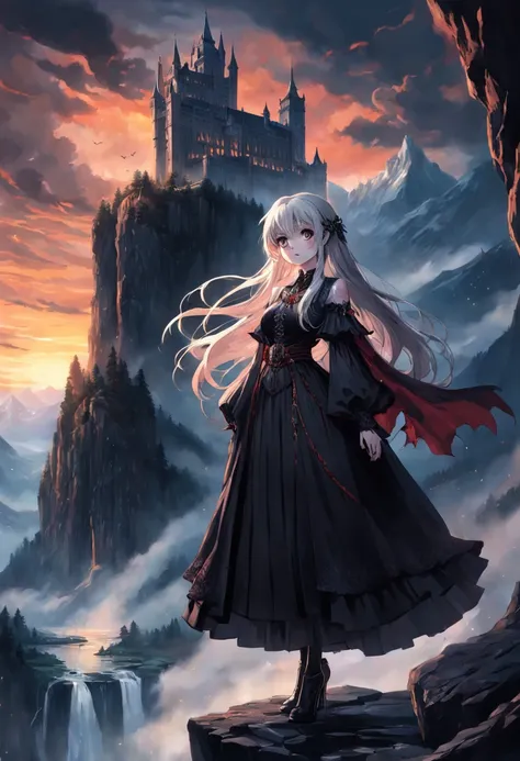 In the European Middle Ages, distant peaks towered into the clouds, waterfalls fell and covered with snow, the vampire lady stood on the edge of the cliff with a scepter, the palace behind her was resplendent, the huge sunset hung in the sky shining on the...