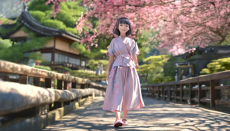 Girl turned around, clothing sample, cute, smiling, colored contacts in the eyes, accessories, full body, walking, summer, kyoto, kinkakuji