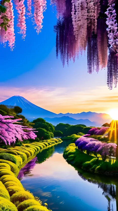 mdjrny-pprct, japanese architecture, Sakura, wisteria, Flower Garden, mountains and rivers, Clouds (high detial: 1.2)、the setting sun、Evening glow、morning glow