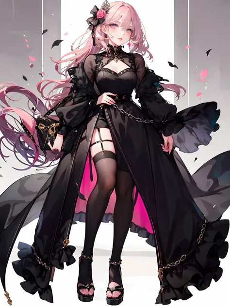 1 noblewoman，Face portrayal，a matural female，Black dress long dress，Black stockings beautiful legs，heeled sandals，Black stocking feet，Pink White Long Hair， Perfect body， s the perfect face， perfect hand， Perfect Finger， Perfect lips， perfect  eyes， Perfect background