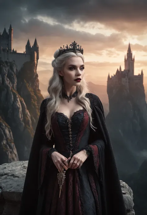 In the European Middle Ages, distant peaks towered into the clouds, waterfalls fell and covered with snow, the vampire lady stood on the edge of the cliff with a scepter, the palace behind her was resplendent, the huge sunset hung in the sky shining on the...