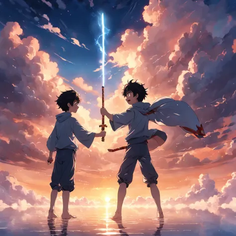 masterpiece, best quality, movie still, ((1boys)), cloud boys, floating in the sky, close-up, bright, happy, warm soft lighting, sunset, (holding baton), (sparks:0.7)