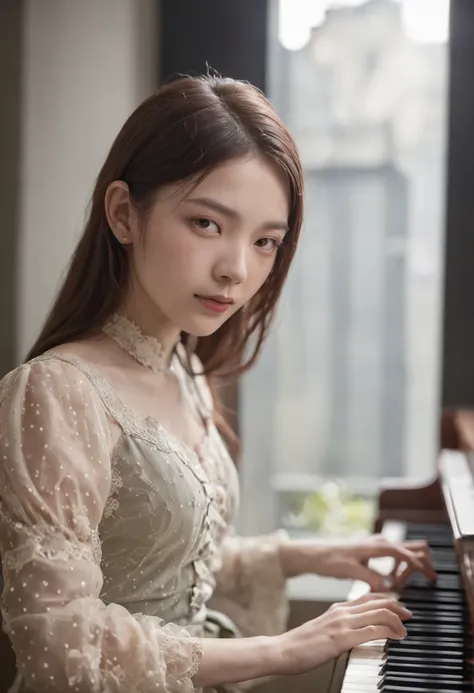 sprout、bit girl、Playing the piano、The piano material is particularly clear、Obsessive-compulsive facial expressions、The material is particularly clear and clear, The material of the piano is particularly clear, The piano is illuminated by light and shadow、P...