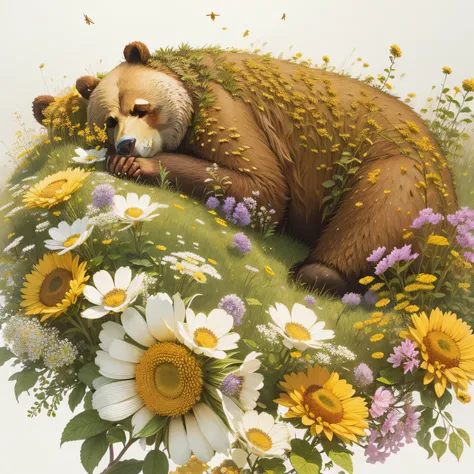 A peaceful bear snoozing on a grassy hill, surrounded by buzzing bees, dreaming of golden honey, rendered in the style of Bev Doolittle.