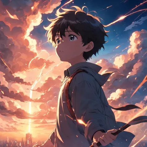 masterpiece, best quality, movie still, ((1boy)), cloud, floating in the sky, close-up, bright, happy, warm soft lighting, sunset, conductor, (sparks:0.7)