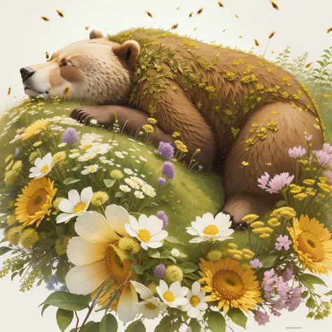 A peaceful bear snoozing on a grassy hill, surrounded by buzzing bees, dreaming of golden honey, rendered in the style of Bev Doolittle.