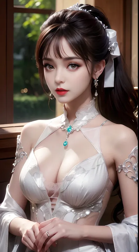 8K Ultra HD, Masterpiece, Best quality, A beautiful girl, Long hair, Impressive hairstyle, Royal hair jewelry, Nice and cute face, Flawless face, jewelry earrings, Antique jewelry, details eyes, Beautiful eyes, meticulous makeup, Thin eyebrows, Beautiful r...