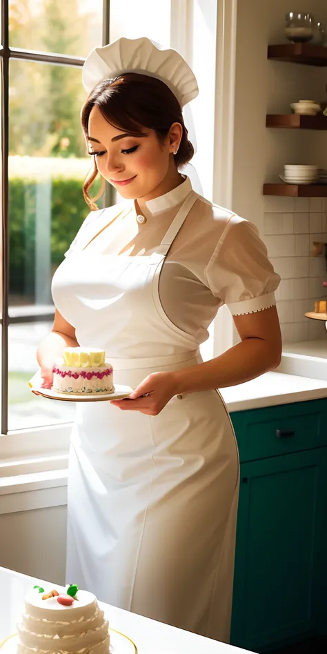 Ñ

"A woman is in her kitchen, wearing an elegant pastry uniform. She wears a pastry hat adorned with delicate details. Her skillful hands move gracefully as she mixes the fresh ingredients for a cake. The sweet aroma of vanilla and chocolate fills the air...