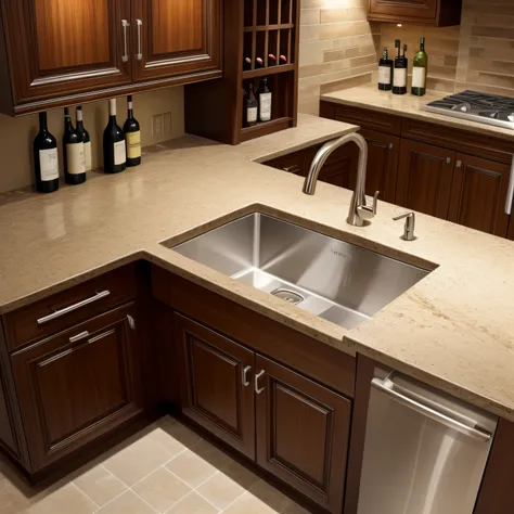 Bar sink，Warm，Partial close-up sink，Enlarge the sink，Cabinet、Wine bottles、wineglass，marble countertops