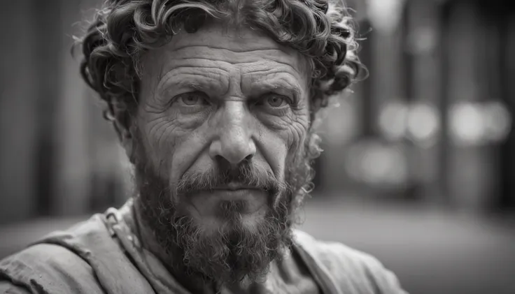 Greek statue of philosopher Marcus Aurelius, with beard and muscles, cinemactic, 8k, fundo escuro, Detailed symmetrical realistic face, textura natural extremamente detalhada, peach fluff, short hair, master part, Absurdos, Foto premiada por Lee Jeffries, ...